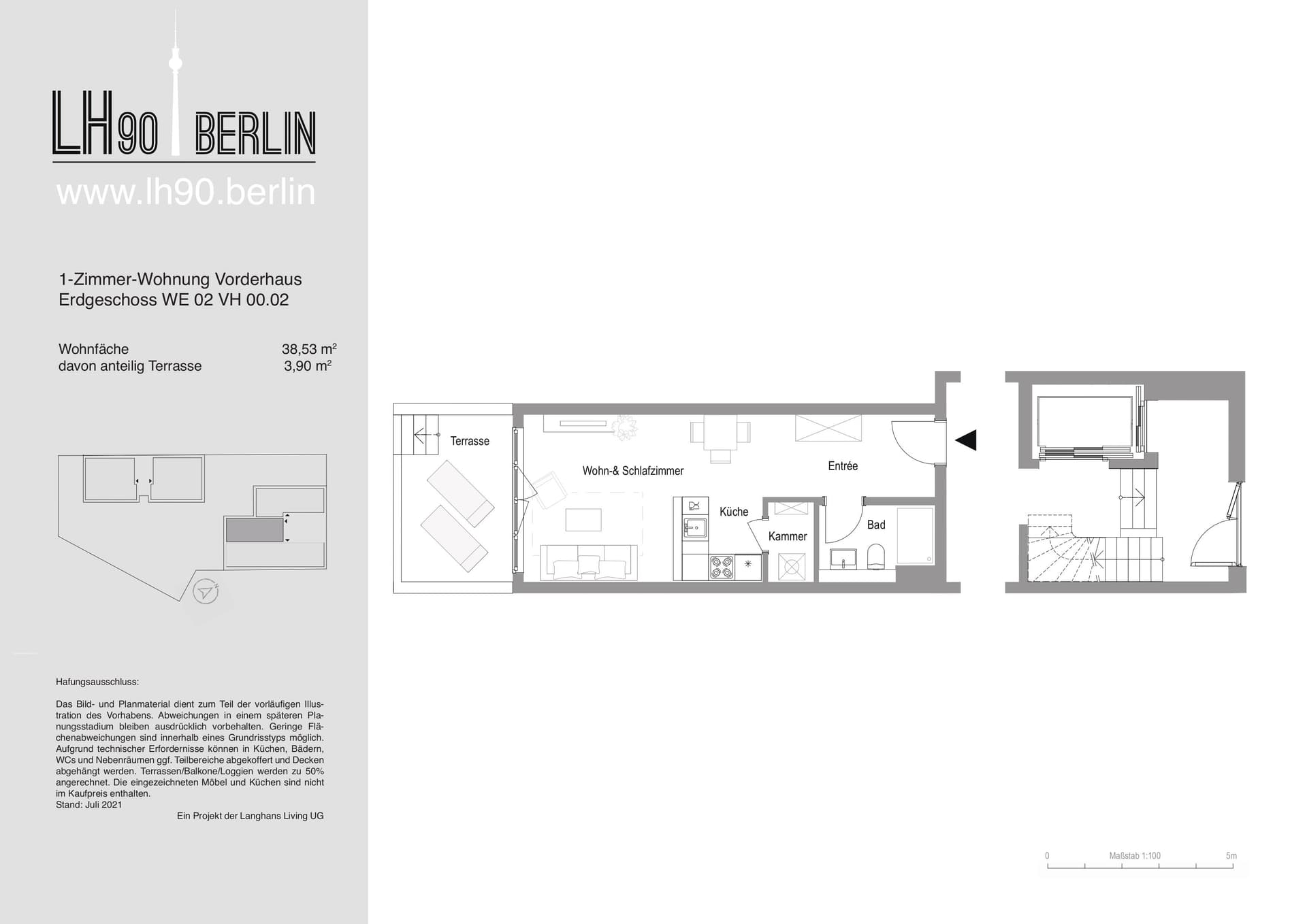 Stilvolles 1-Zimmer-Apartment mit privater Terrasse - Grundriss 2